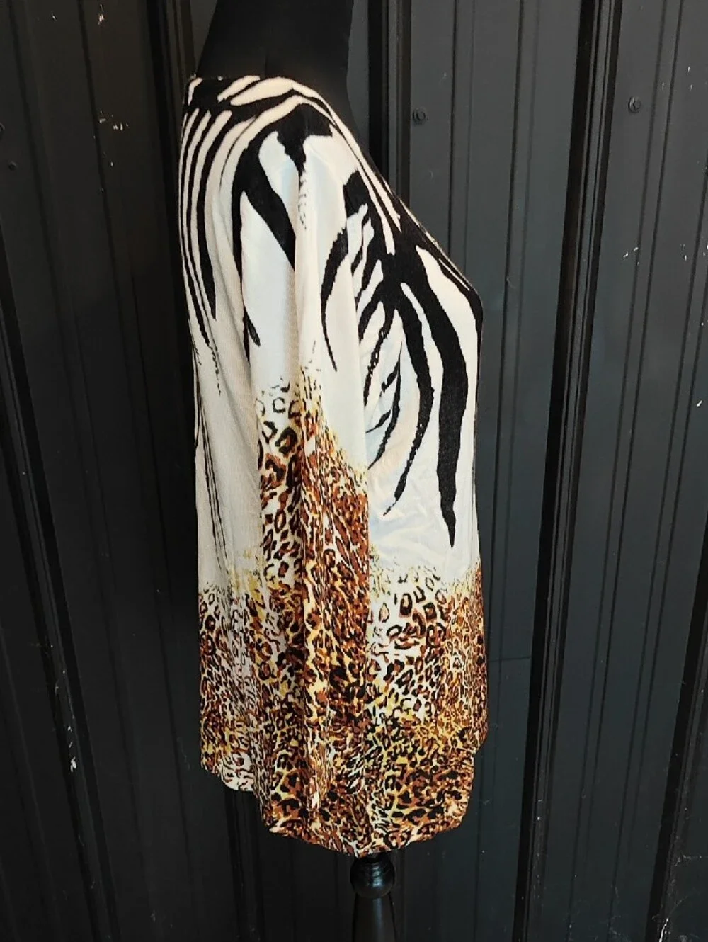 Attitudes by Renee Black, White & Brown Animal Print Long Sleeve Scoop Neck Top